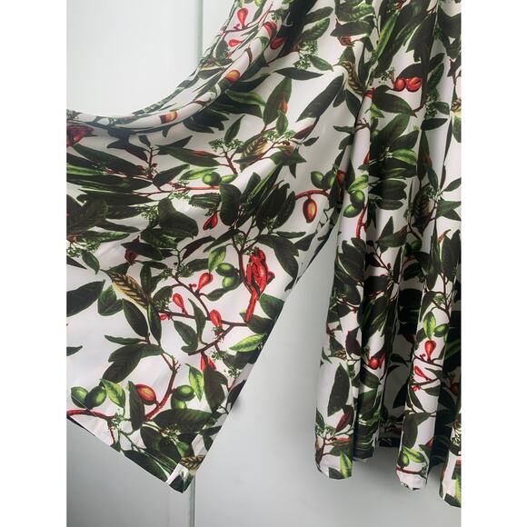 B My Story Long Wide Leg Pants With Berry ,Leaf , Red Bird Print Elastic Waist L - Picture 5 of 11